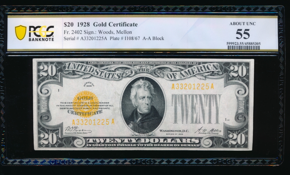 Fr. 2402 1928 $20  Gold Certificate  PCGS 55 A33201225A