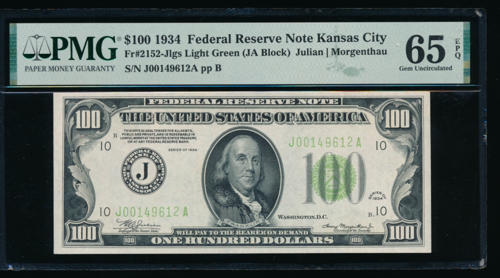 Fr. 2152-J 1934 $100  Federal Reserve Note Kansas City LGS PMG 65EPQ J00149612A