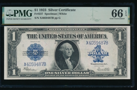 Fr. 237 1923 $1  Silver Certificate XB block PMG 66EPQ X4059487B